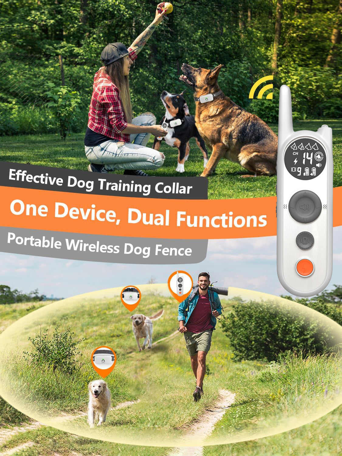 Wireless Dog Fence for 2 Dogs - Multi-Mode Electric Fence for Dogs Covers up to 856-Acre,6100 Ft Dog Training Collar Waterproof,Wireless Pet Fence with 3 Training Modes for Large Medium Dogs