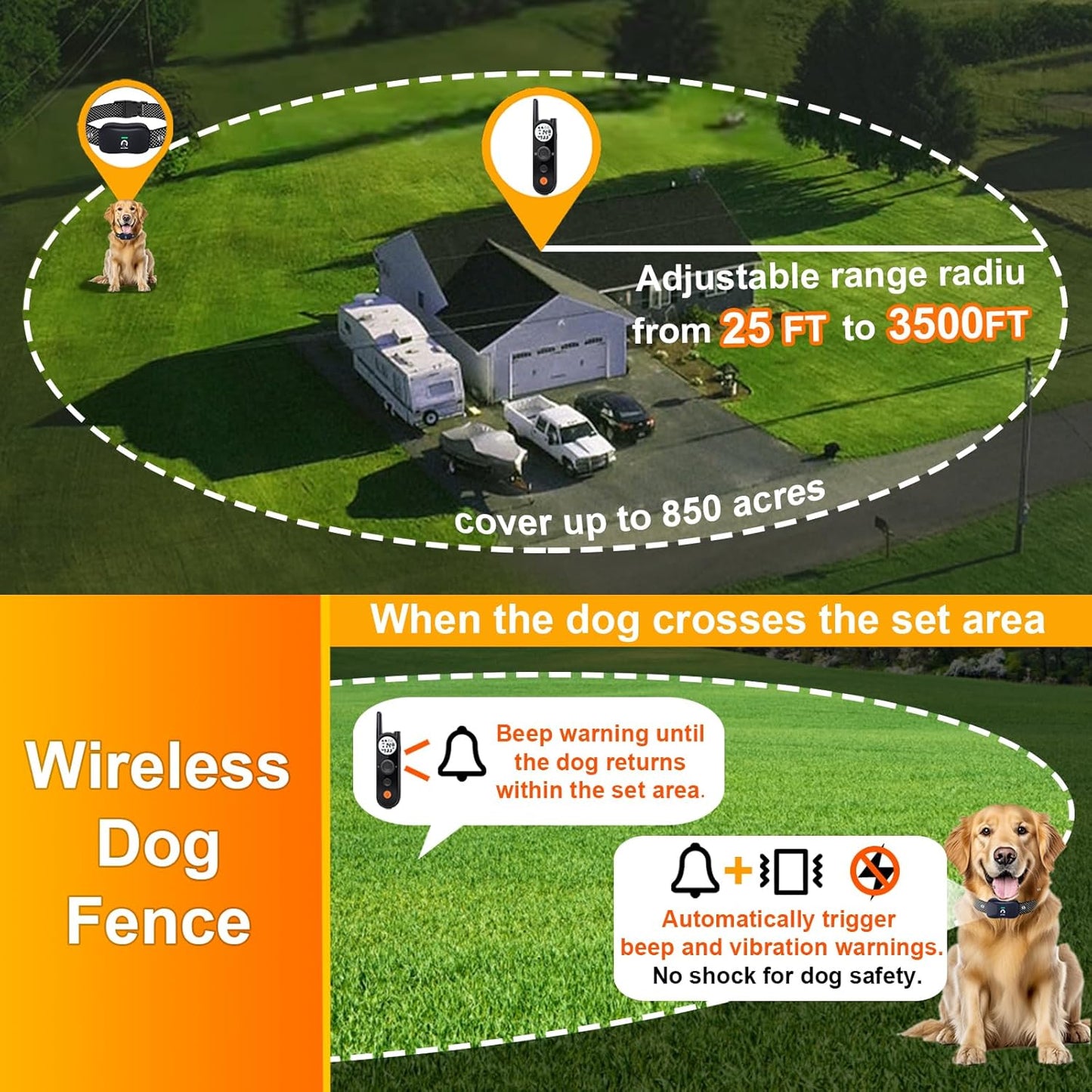 Wireless Dog Fence System with Training Remote - Up to 3500ft Adjustable Electric Fence for Dogs,Waterproof Dog Training Collar Rechargeable,Pet Containment System for Large Medium Dogs