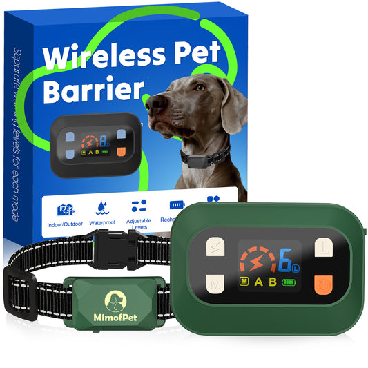 MIMOFPET Wireless Pet Barrier - Indoor Outdoor Waterproof Barrier with Adjustable Range up to 8.2 ft,Adjustable Safe Static Intensity, Rechargeable Color Display Boundary Fence System for Dogs(Green))