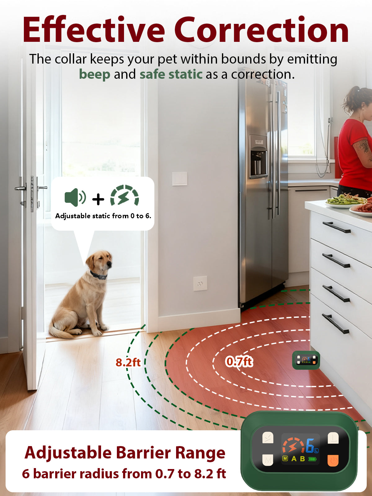 MIMOFPET Wireless Pet Barrier - Indoor Outdoor Waterproof Barrier with Adjustable Range up to 8.2 ft,Adjustable Safe Static Intensity, Rechargeable Color Display Boundary Fence System for Dogs(Green))