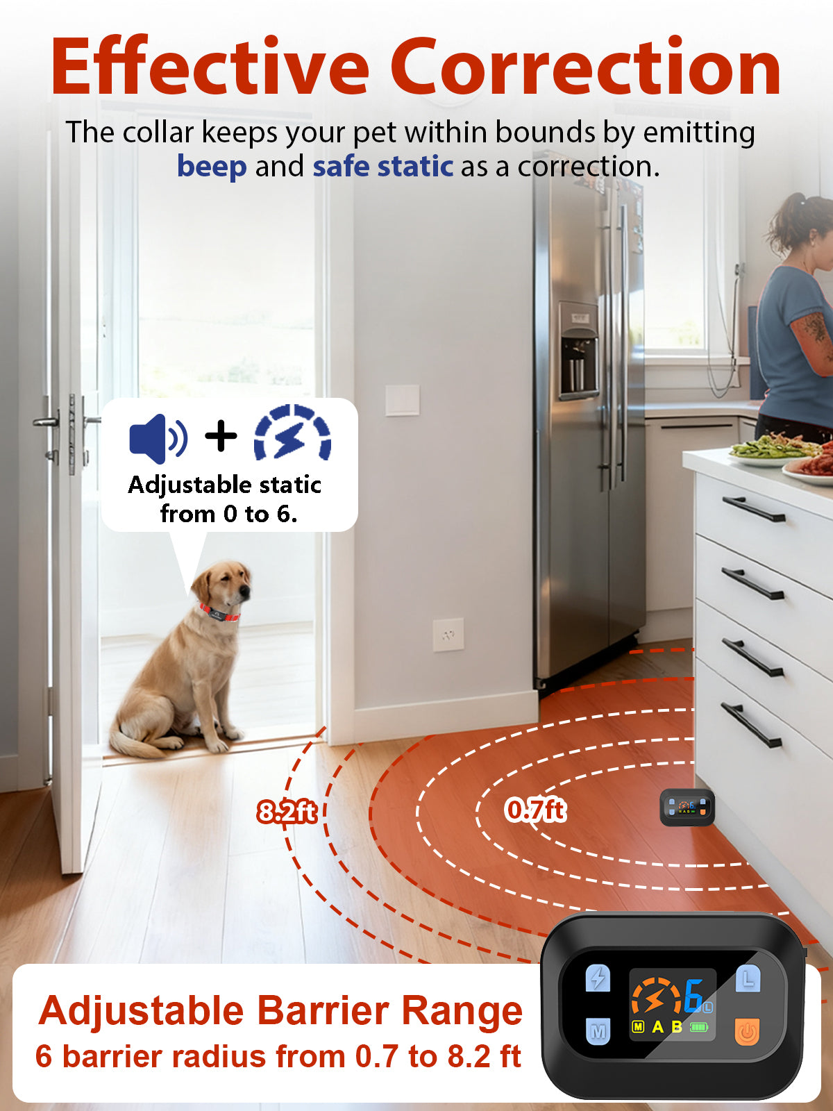MIMOFPET Wireless Pet Barrier - Outdoor Indoor Barrier Waterproof with Adjustable Safe Static Intensity,Adjustable Range up to 16.4 ft, Rechargeable Color Display Barrier System for Cats Dogs-Black